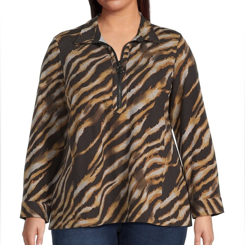 ALI MILES ZEBRA Print POINT COLLAR QUARTER ZIP TUNIC- SIZE 1X